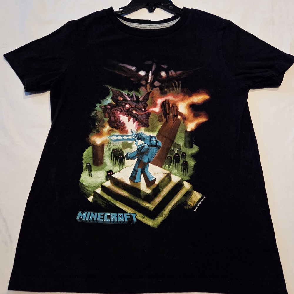 Classic Black Minecraft Graphic Tee with Dragon and Hero